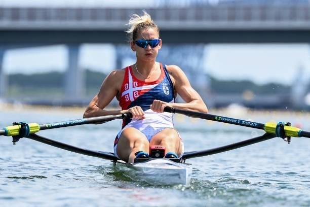 Serbia's Jovana Arsic competes in the women's single sculls rowing heats during the Tokyo 2020 Olympic Games at the Sea Forest Waterway in Tokyo on...