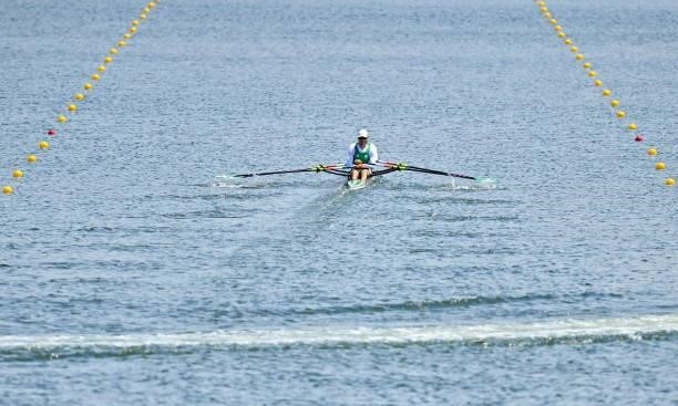 Tokyo , Japan - 23 July 2021; Philip Doyle, stern, and Ronan Byrne of Ireland in action during their heat of the men's double sculls at the Sea...