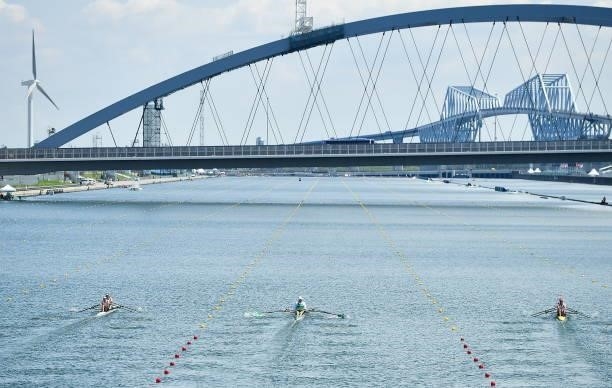 Tokyo , Japan - 23 July 2021; Philip Doyle and Ronan Byrne of Ireland, centre, in action during their heat of the men's double sculls at the Sea...