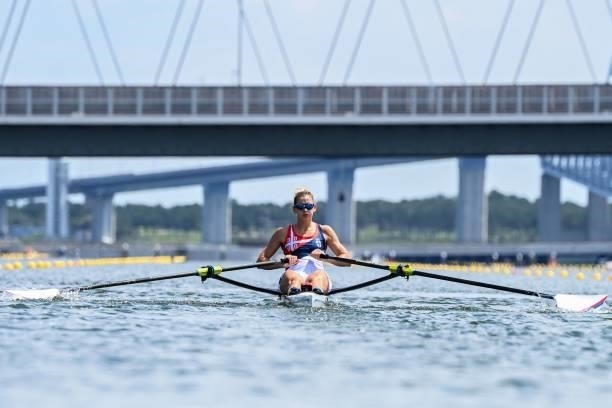 Serbia's Jovana Arsic competes in the women's single sculls rowing heats during the Tokyo 2020 Olympic Games at the Sea Forest Waterway in Tokyo on...