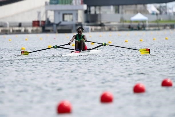 Togo's Claire Ayivon prepares to compete in the women's single sculls rowing heats during the Tokyo 2020 Olympic Games at the Sea Forest Waterway in...