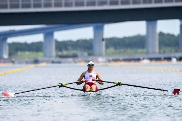 Qatar's Tala Abujbara competes in the women's single sculls rowing heats during the Tokyo 2020 Olympic Games at the Sea Forest Waterway in Tokyo on...