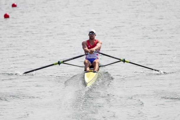 Damir Martin of Croatia competes during Men's Single Sculls Heat of the rowing event of the Tokyo 2020 Olympics at the Sea Forest Waterway on July...