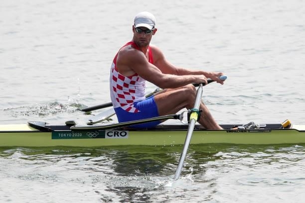 Damir Martin of Croatia competes during Men's Single Sculls Heat of the rowing event of the Tokyo 2020 Olympics at the Sea Forest Waterway on July...
