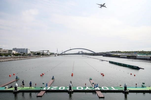 General view during Men's Single Sculls Heat of the rowing event of the Tokyo 2020 Olympics at the Sea Forest Waterway on July 23, 2021 in Tokyo,...