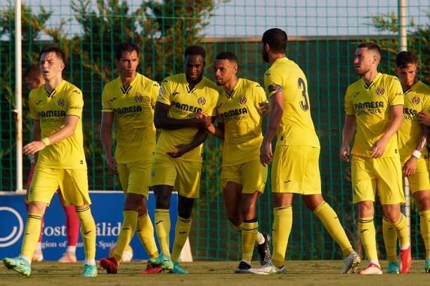 Boulaye Dia of Villarreal celebrates after scoring his sides first goal during the pre-season friendly match between Olympique Lyonnais and...