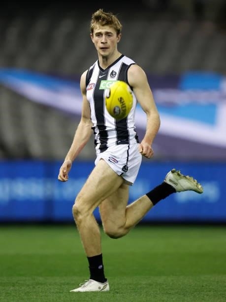 Debutant, Anton Tohill of the Magpies in action during the 2021 AFL Round 19 match between the Port Adelaide Power and the Collingwood Magpies at...