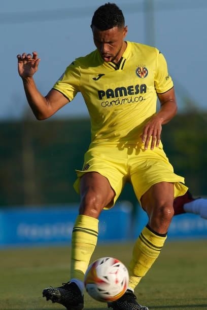 Francis Coquelin of Villarreal does passed during the pre-season friendly match between Olympique Lyonnais and Villarreal CF at Pinatar Arena on July...