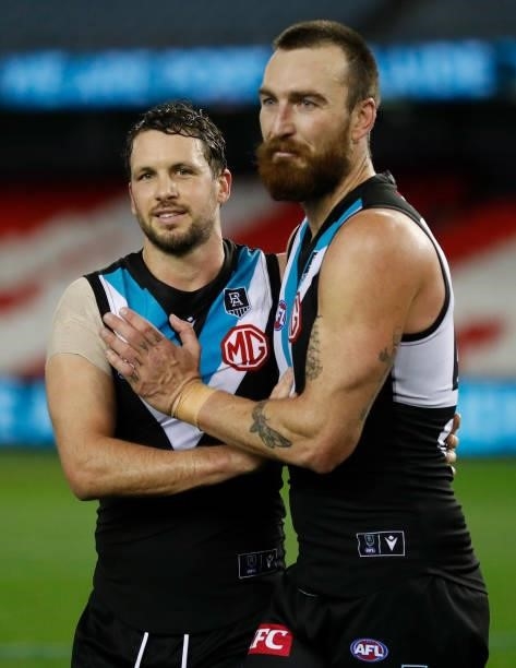 Travis Boak and Charlie Dixon of the Power celebrate during the 2021 AFL Round 19 match between the Port Adelaide Power and the Collingwood Magpies...