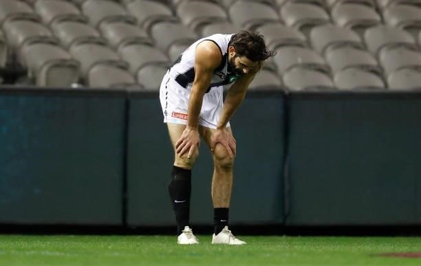 Brodie Grundy of the Magpies looks dejected after a loss during the 2021 AFL Round 19 match between the Port Adelaide Power and the Collingwood...