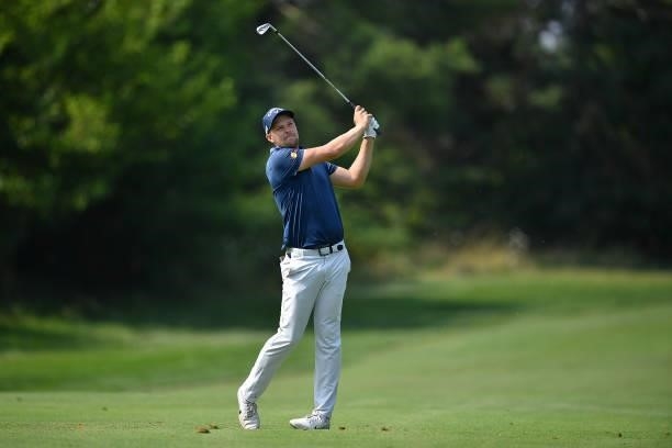 Martin Simonsen of Denmark plays his tee shot on the 9th hole during the Day Two of Italian Challenge at Margara Golf Club on July 23, 2021 in...