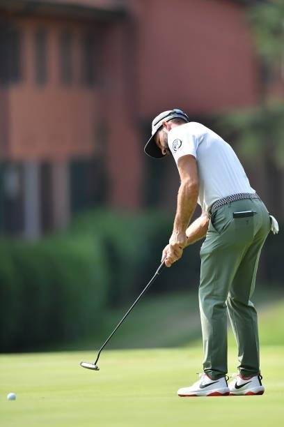 Raphael De Sousa of Switzerland plays his tee shot on the 9th hole during the Day Two of Italian Challenge at Margara Golf Club on July 23, 2021 in...