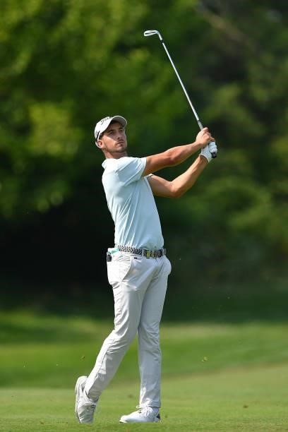 Federico Maccario of Italy plays his tee shot on the 9th hole during the Day Two of Italian Challenge at Margara Golf Club on July 23, 2021 in...