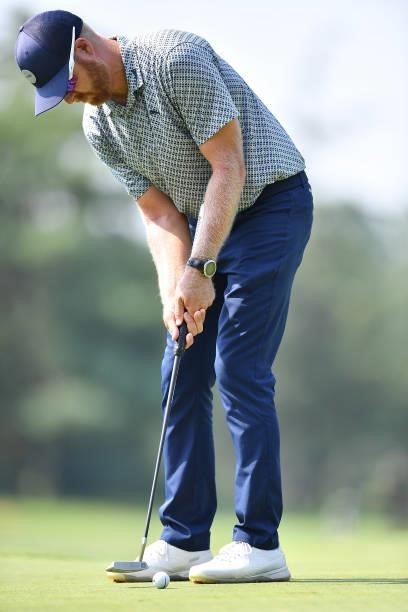 Jacques Blaauw of South Africa plays his tee shot on the 9th hole during the Day Two of Italian Challenge at Margara Golf Club on July 23, 2021 in...