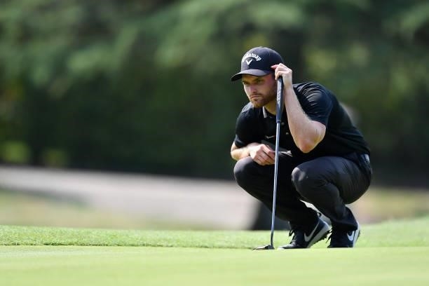Daniel Gavins of England lines up a put on the 9th hole during the Day Two of Italian Challenge at Margara Golf Club on July 23, 2021 in Solero,...