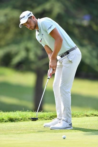 Federico Maccario of Italy plays his tee shot on the 9th hole during the Day Two of Italian Challenge at Margara Golf Club on July 23, 2021 in...