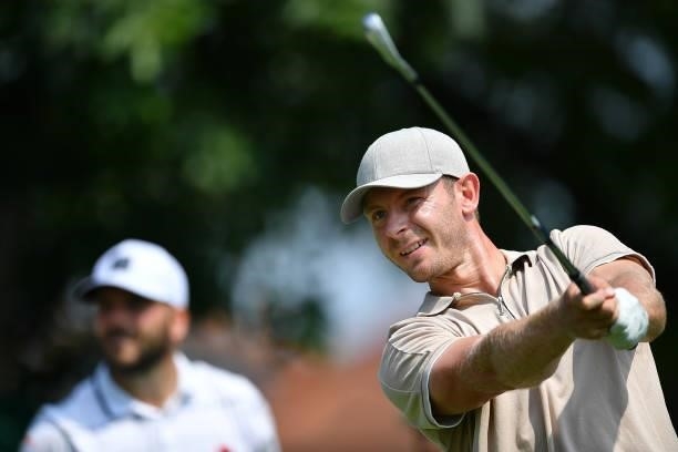 Scott Henry of Scotland plays his first shot on the 1th hole during the Day Two of Italian Challenge at Margara Golf Club on July 23, 2021 in Solero,...