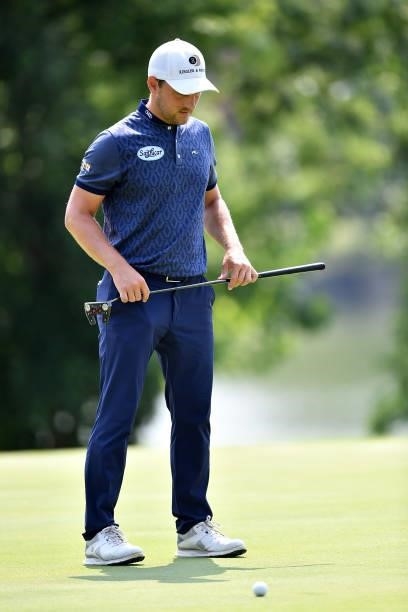 Lukas Nemecz of Austria lines up a put on the 18th hole during the Day Two of Italian Challenge at Margara Golf Club on July 23, 2021 in Solero,...