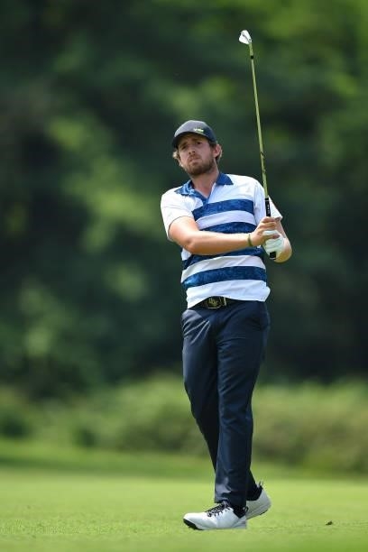 Manuel Elvira of Spain plays his tee shot on the 18th hole during the Day Two of Italian Challenge at Margara Golf Club on July 23, 2021 in Solero,...