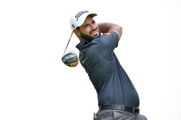 Santiago Tarrio of Spain plays his first shot on the 11th hole during the Day Two of Italian Challenge at Margara Golf Club on July 23, 2021 in...