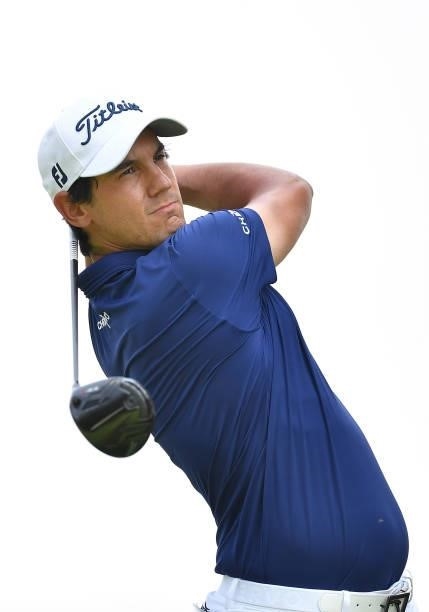 Matteo Manassero of Italy plays his first shot on the 11th hole during the Day Two of Italian Challenge at Margara Golf Club on July 23, 2021 in...
