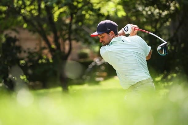 Roberto Diaz of Mexico plays his shot from the 9th tee during the second round of the Price Cutter Charity Championship presented by Dr. Pepper at...