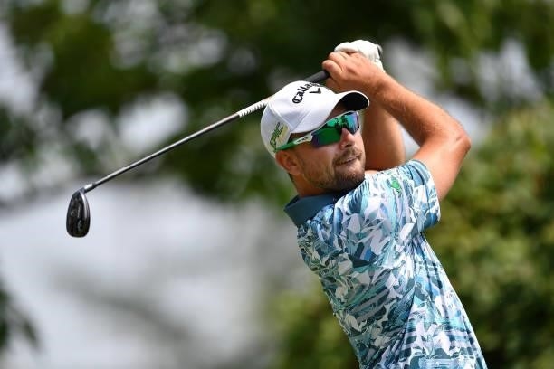 Filip Mruzek of Czech Republic plays his first shot on the 1th hole during the Day Two of Italian Challenge at Margara Golf Club on July 22, 2021 in...