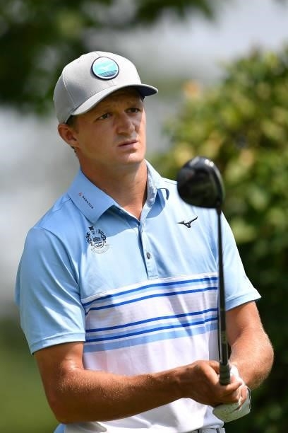 Mateusz Gradecki of Poland plays his first shot on the 1th hole during the Day Two of Italian Challenge at Margara Golf Club on July 22, 2021 in...