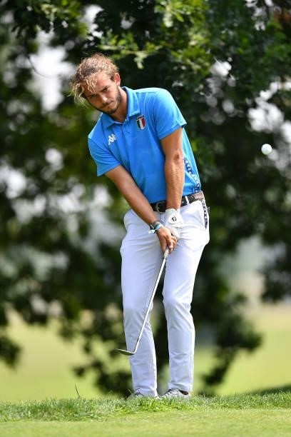 Gregorio De Leo of Italy plays his tee shot on the 10th hole during the Day Two of Italian Challenge at Margara Golf Club on July 22, 2021 in Solero,...