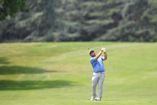 Robin Petersson of Sweden plays his tee shot on the 10th hole during the Day Two of Italian Challenge at Margara Golf Club on July 22, 2021 in...