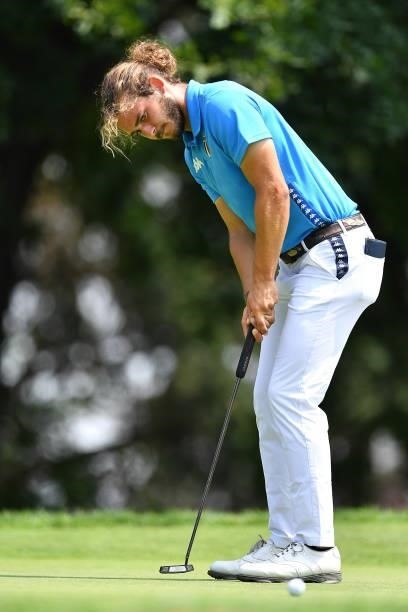 Gregorio De Leo of Italy plays his tee shot on the 10th hole during the Day Two of Italian Challenge at Margara Golf Club on July 22, 2021 in Solero,...