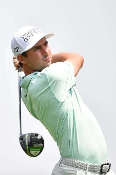 Frederic Lacroix of France plays his first shot on the 11th hole during the Day Two of Italian Challenge at Margara Golf Club on July 23, 2021 in...