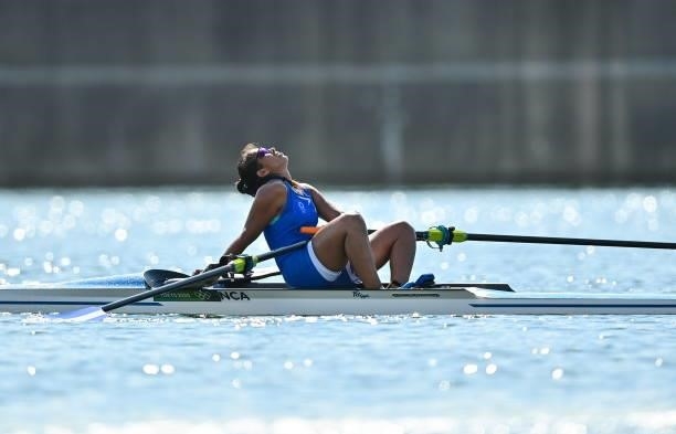 Tokyo , Japan - 24 July 2021; Evidelia Gonzalez Jarquin of Nicaragua reacts after finishing her heat in the Women's Single Sculls Repechage at the...