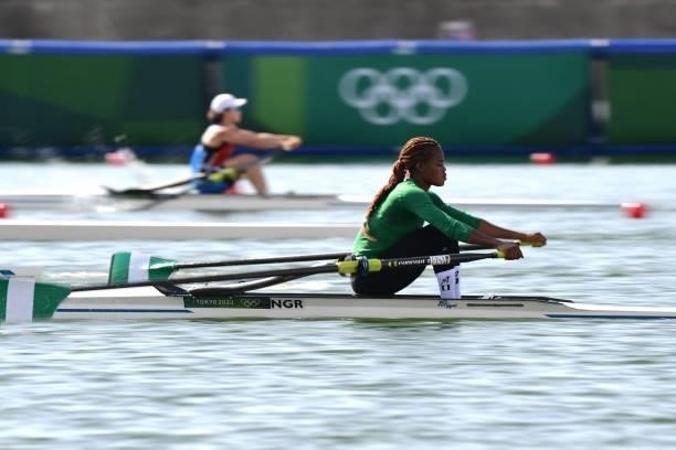 Nigeria's Esther Toko competes in the women's single repechage during the Tokyo 2020 Olympic Games at the Sea Forest Waterway in Tokyo on July 24,...