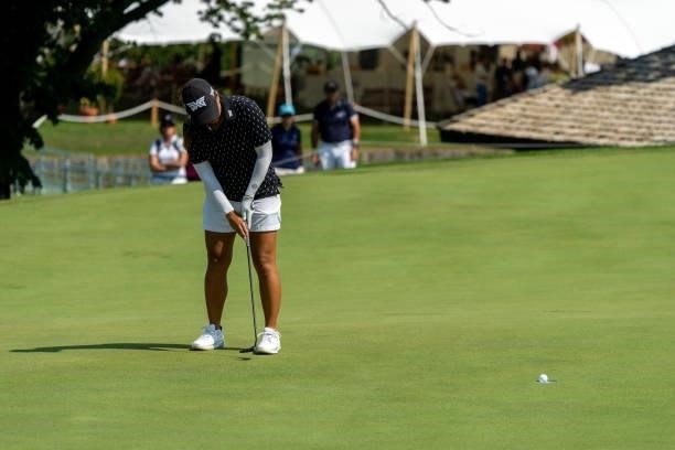 Mina Harigae of the United States putts during day two of the The Amundi Evian Championship at Evian Resort Golf Club on July 23, 2021 in...