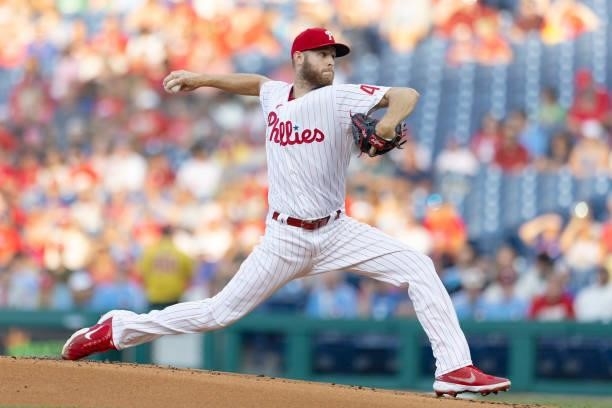 Zack Wheeler of the Philadelphia Phillies throws a pitch in the top of the first inning against the Atlanta Braves at Citizens Bank Park on July 23,...