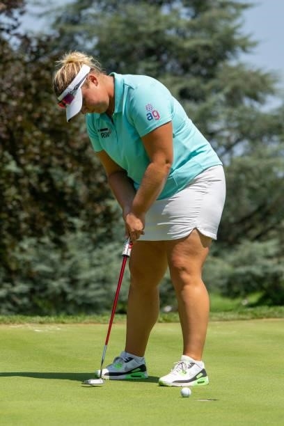 Alice Hewson of England putts during day two of the The Amundi Evian Championship at Evian Resort Golf Club on July 23, 2021 in Evian-les-Bains,...