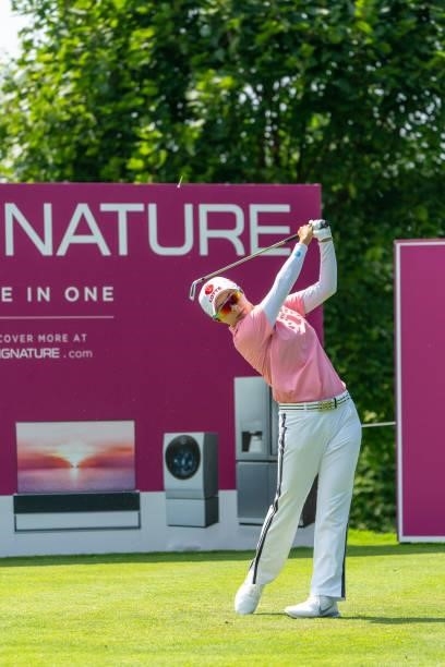 Hyo Joo Kim of South Korea tees off during day two of the The Amundi Evian Championship at Evian Resort Golf Club on July 23, 2021 in...