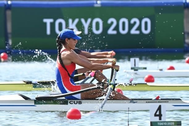 Cuba's Milena Venega Cancio competes in the women's single repechage during the Tokyo 2020 Olympic Games at the Sea Forest Waterway in Tokyo on July...