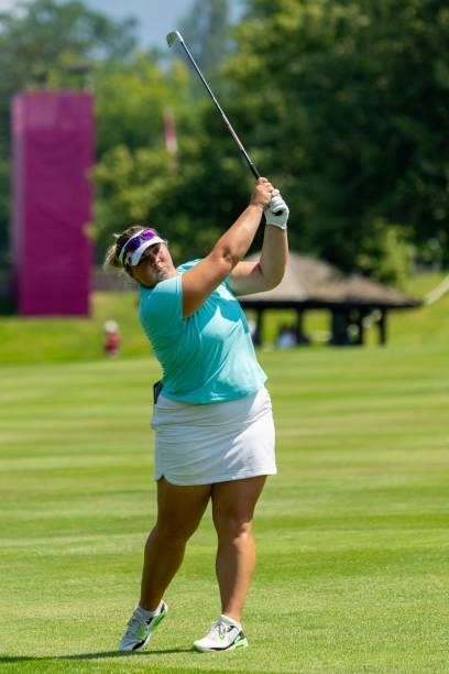Alice Hewson of England plays a shot during day two of the The Amundi Evian Championship at Evian Resort Golf Club on July 23, 2021 in...