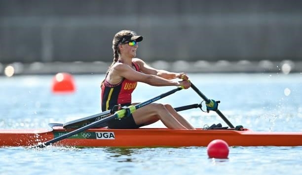 Tokyo , Japan - 24 July 2021; Kathleen Noble of Uganda competes in the Women's Single Sculls Repechage at the Sea Forest Waterway during the 2020...