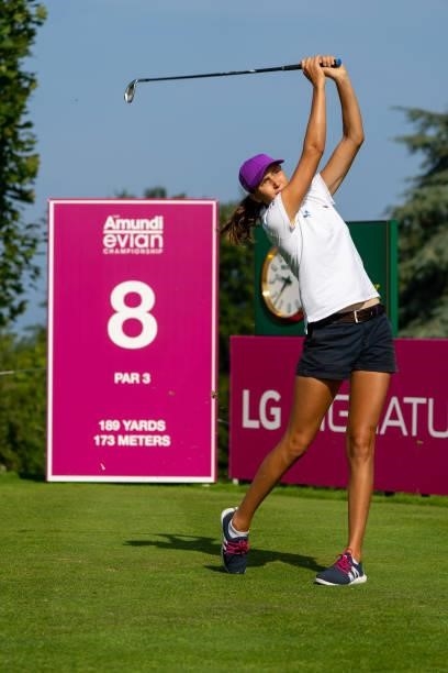 Pia Babnik of Slovenia tees off on 8th hole during day two of the The Amundi Evian Championship at Evian Resort Golf Club on July 23, 2021 in...