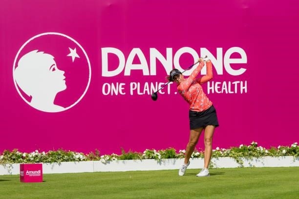 Georgia Hall of England tees off during day two of the The Amundi Evian Championship at Evian Resort Golf Club on July 23, 2021 in Evian-les-Bains,...