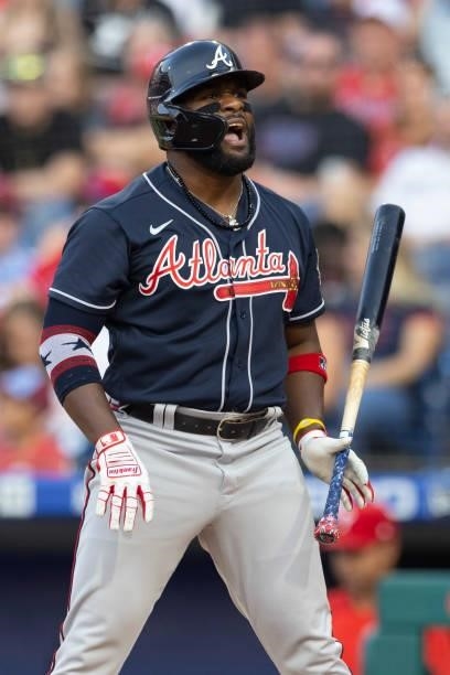 Abraham Almonte of the Atlanta Braves reacts after striking out in the top of the second inning against the Philadelphia Phillies at Citizens Bank...