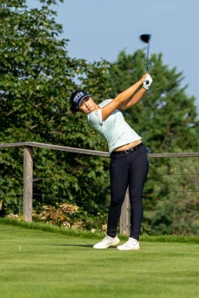 Jeongeun Lee of South Korea plays a shot during day two of the The Amundi Evian Championship at Evian Resort Golf Club on July 23, 2021 in...