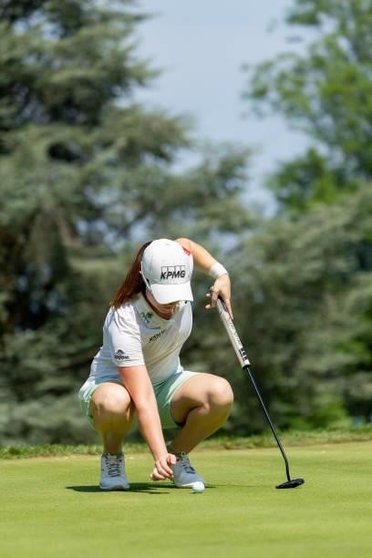 Leona Maguire of Ireland prepares her shot during day two of the The Amundi Evian Championship at Evian Resort Golf Club on July 23, 2021 in...