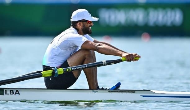 Tokyo , Japan - 24 July 2021; Alhussein Ghambour of Libya competes in the Men's Single Sculls Repechage at the Sea Forest Waterway during the 2020...