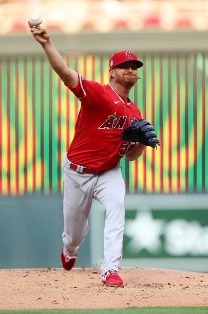 Alex Cobb of the Los Angeles Angels pitches in the first inning against the Minnesota Twins at Target Field on July 23, 2021 in Minneapolis,...