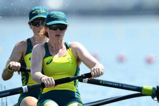 Australia's Annabelle Mcintyre and Australia's Jessica Morrison compete in the women's pair heats during the Tokyo 2020 Olympic Games at the Sea...