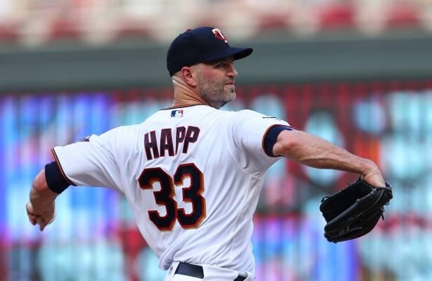 Happ of the Minnesota Twins pitches in the first inning against the Los Angeles Angels at Target Field on July 23, 2021 in Minneapolis, Minnesota.